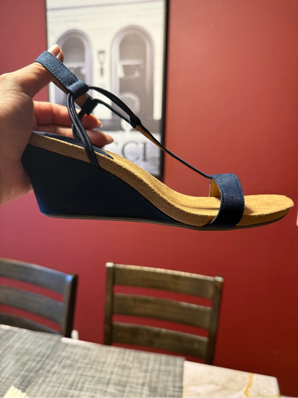 Women’s Navy Wedge Sandal with T-Strap